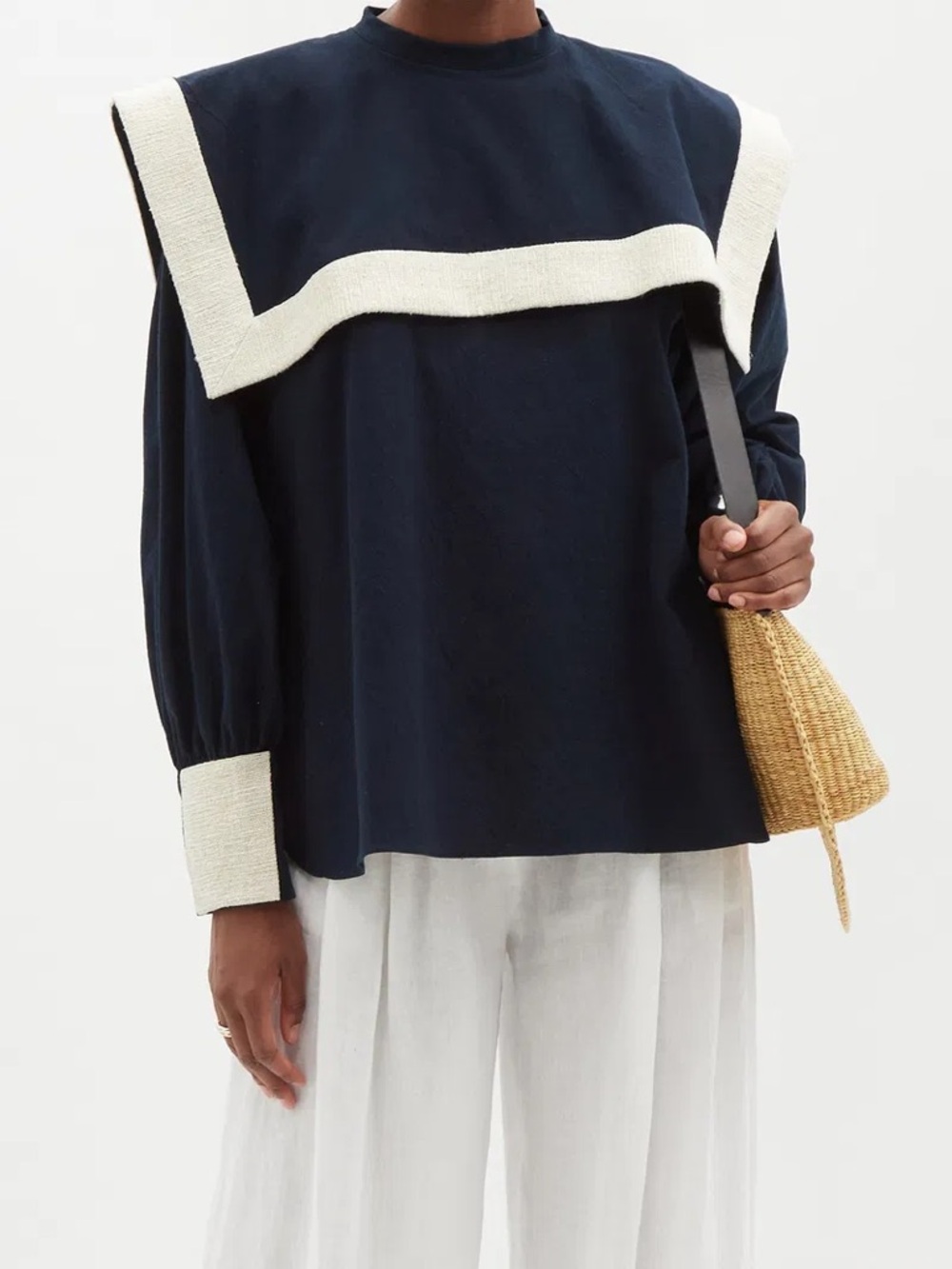 Les Vacances d’Irina Puritan Black and Ivory Linen Sailor Collar Blouse XS/S